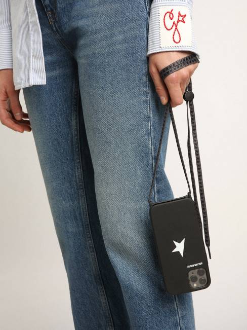 Golden Goose mujer funda negra para iphone 12 y 12 pro max con logo blanco en contraste y cordones con logo 6846298