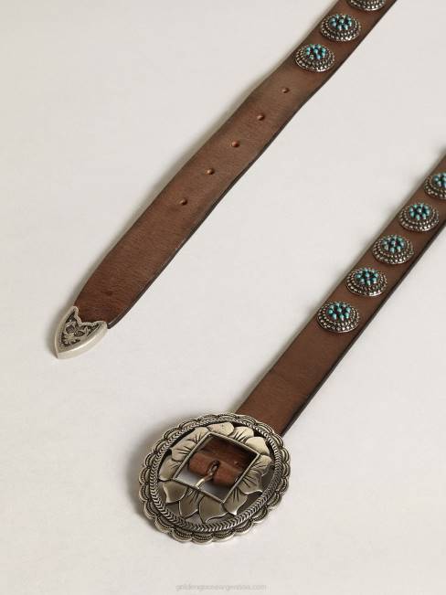 Golden Goose mujer cinturón con girasoles en piel marrón oscuro con tachuelas color plata vintage 6846288