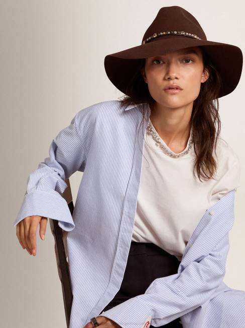 Golden Goose mujer sombrero marrón café con correa de cuero con tachuelas 6846336