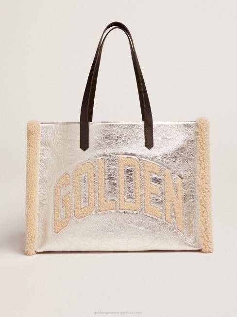 Golden Goose mujer bolso east-west california en piel laminada plateada con inserciones de lana merino 6846489