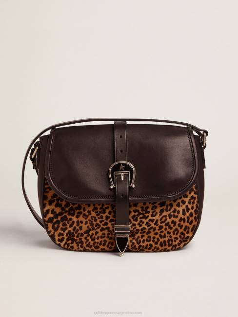 Golden Goose mujer bolso rodeo mediano de piel negra y piel de potro con estampado de leopardo 6846476