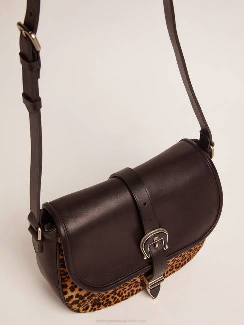 Golden Goose mujer bolso rodeo mediano de piel negra y piel de potro con estampado de leopardo 6846476