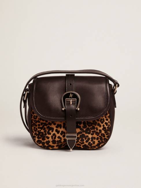 Golden Goose mujer bolso rodeo pequeño de piel negra y piel de potro con estampado de leopardo 6846475