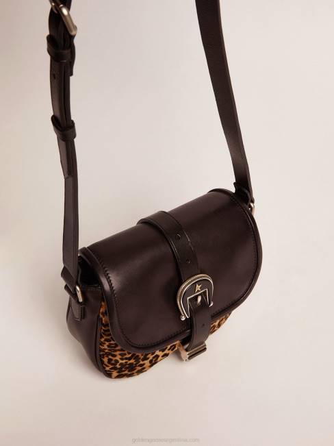 Golden Goose mujer bolso rodeo pequeño de piel negra y piel de potro con estampado de leopardo 6846475