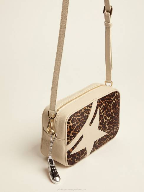 Golden Goose mujer bolso estrella blanco roto con aplicación de piel de potro con estampado de leopardo 6846492