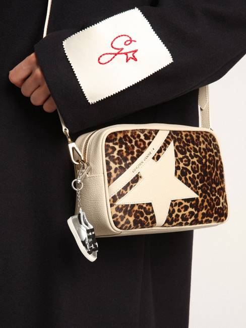 Golden Goose mujer bolso estrella blanco roto con aplicación de piel de potro con estampado de leopardo 6846492