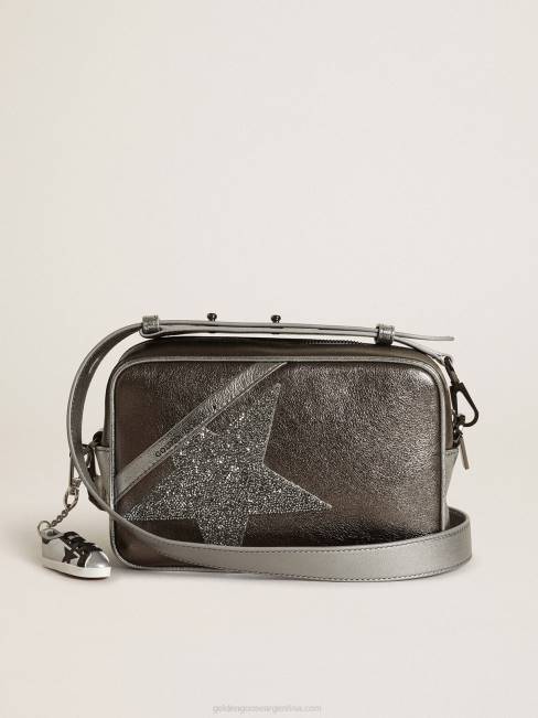 Golden Goose mujer bolso estrella en piel laminada plata y gris antracita con estrella de cristal swarovski 6846487