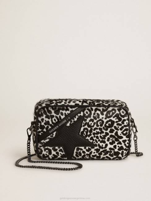 Golden Goose mujer bolso mini estrella de piel de potro con estampado de leopardo en blanco y negro con estrella de piel negra 6846459