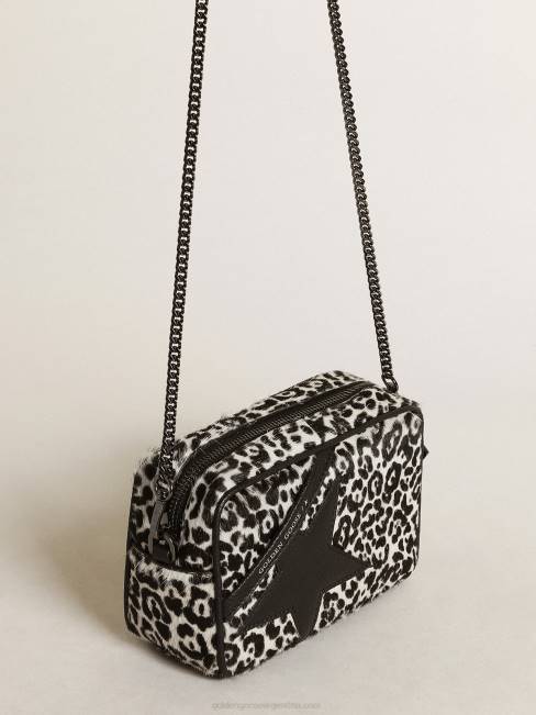 Golden Goose mujer bolso mini estrella de piel de potro con estampado de leopardo en blanco y negro con estrella de piel negra 6846459