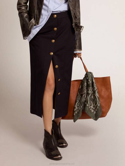 Golden Goose mujer falda tubo de lana azul oscuro con botones heráldicos dorados 68461012