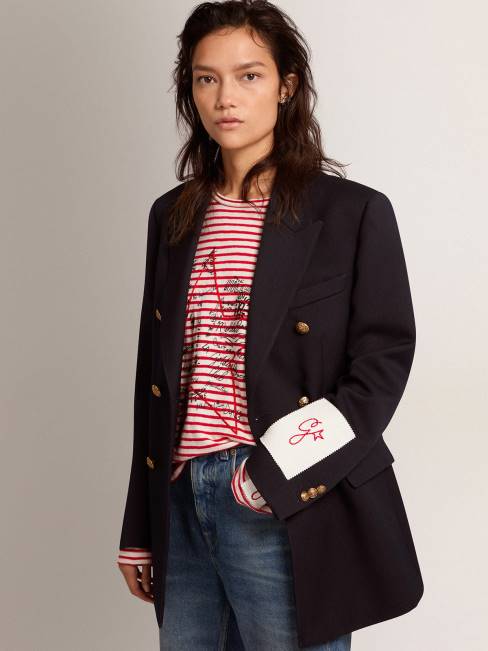 Golden Goose mujer americana cruzada en azul oscuro con botones dorados 6846914