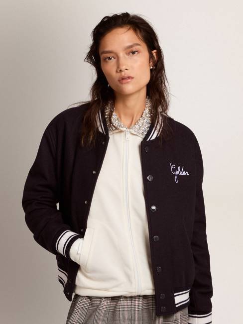 Golden Goose mujer cazadora bomber de lana azul oscuro con detalles blancos en contraste 68461028