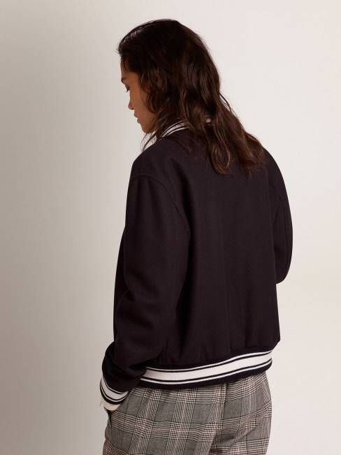 Golden Goose mujer cazadora bomber de lana azul oscuro con detalles blancos en contraste 68461028