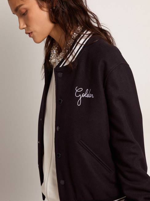 Golden Goose mujer cazadora bomber de lana azul oscuro con detalles blancos en contraste 68461028