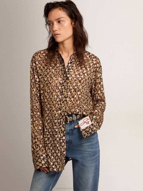 Golden Goose mujer camisa boyfriend con animal print y plumetis dorados 68461058