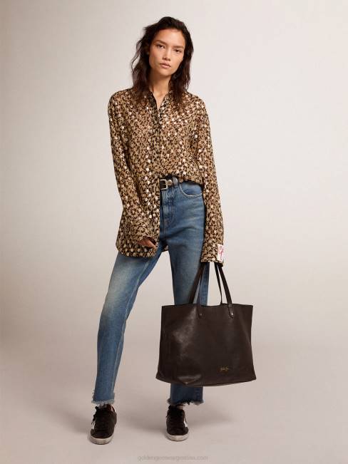Golden Goose mujer camisa boyfriend con animal print y plumetis dorados 68461058