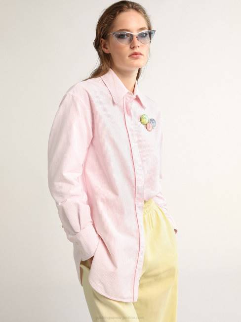 Golden Goose mujer camisa oversize de la colección journey con pines y rayas verticales rosas y blancas 68461024