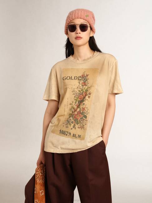 Golden Goose mujer Camiseta de la colección Journey en blanco hueso efecto papel con estampado floral en la parte delantera. 6846995