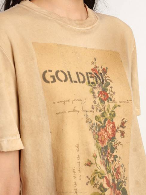 Golden Goose mujer Camiseta de la colección Journey en blanco hueso efecto papel con estampado floral en la parte delantera. 6846995