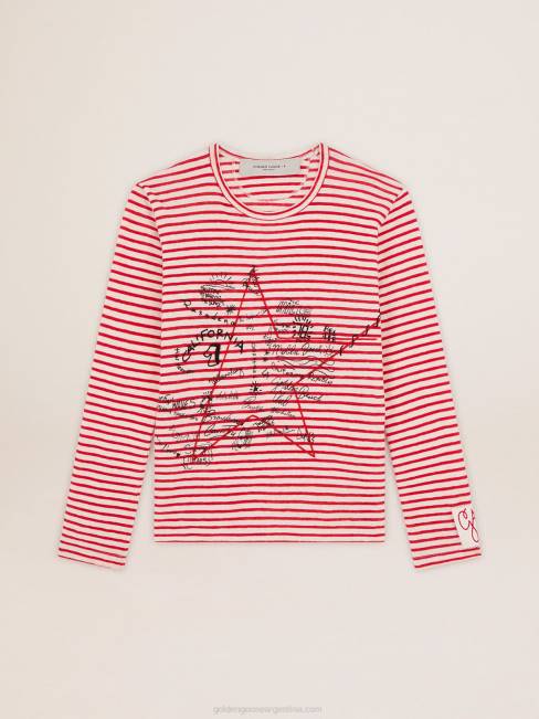 Golden Goose mujer camiseta con rayas blancas y rojas y bordado en la parte delantera 68461021