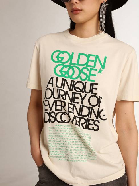 Golden Goose mujer camiseta de la colección Journey en blanco hueso con letras en negro y verde brillante en la parte delantera 6846993