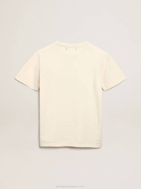 Golden Goose mujer camiseta de la colección Journey en blanco hueso con letras en negro y verde brillante en la parte delantera 6846993