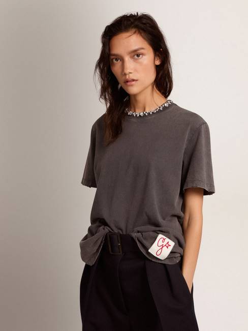 Golden Goose mujer camiseta de la colección en gris antracita con cristales cabujón 6846947