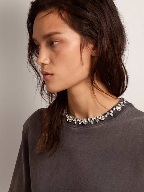 Golden Goose mujer camiseta de la colección en gris antracita con cristales cabujón 6846947