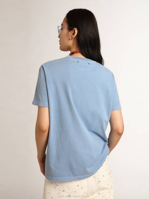 mujer Camiseta con efecto envejecido de la colección Journey azul puerto con letras doradas tono sobre tono. 68461000