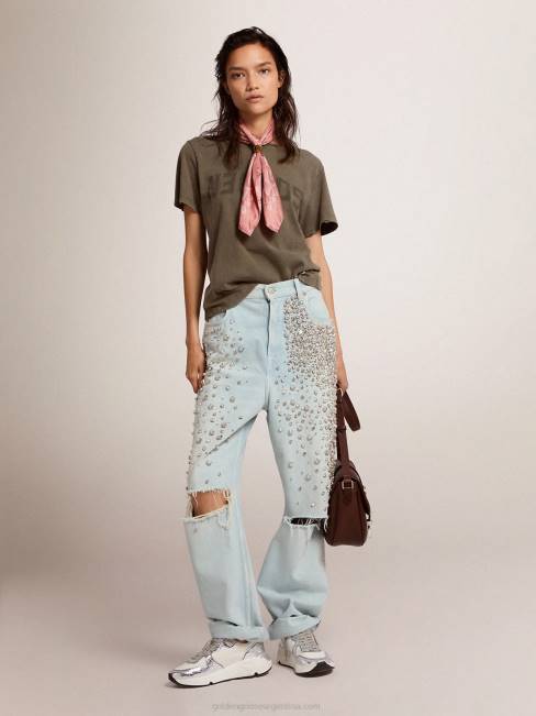 mujer camiseta slim fit verde oliva con letras doradas en la parte delantera 6846961