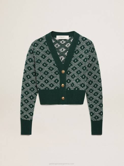 Golden Goose mujer Cárdigan corto de la colección Journey con estampado de rombos en jacquard verde y blanco. 6846997