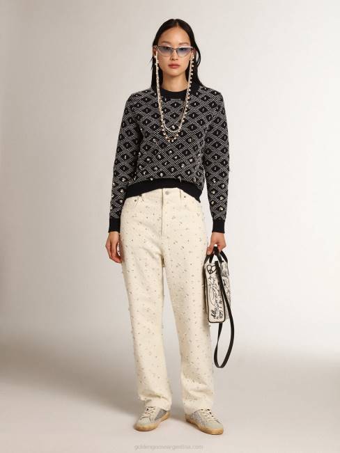 Golden Goose mujer Jersey de cuello redondo de la colección Journey con estampado geométrico azul y blanco y detalle de abalorios. 68461001