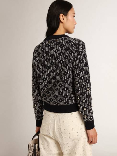 Golden Goose mujer Jersey de cuello redondo de la colección Journey con estampado geométrico azul y blanco y detalle de abalorios. 68461001