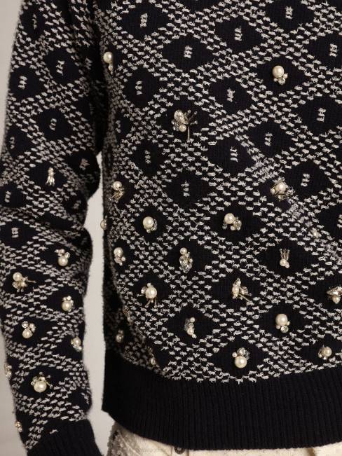 Golden Goose mujer Jersey de cuello redondo de la colección Journey con estampado geométrico azul y blanco y detalle de abalorios. 68461001