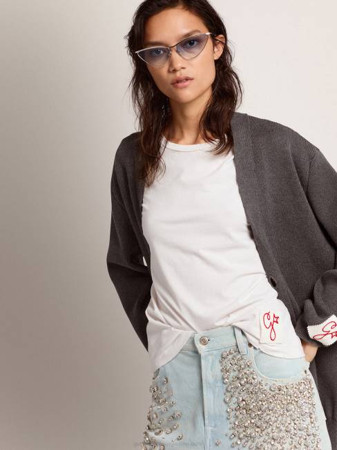 Golden Goose mujer cárdigan de algodón gris jaspeado con logo en la espalda 6846970