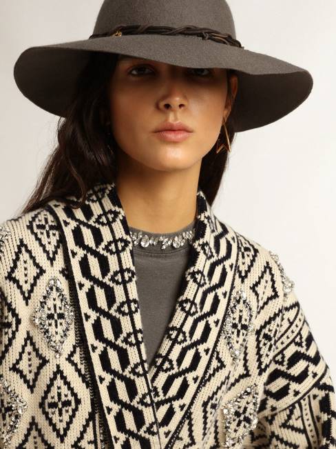 Golden Goose mujer cárdigan de lana color papiro con motivo jacquard y cristales 6846946