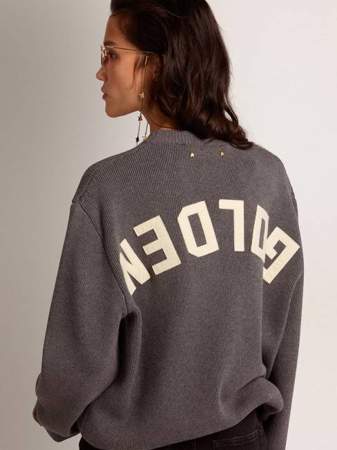 Golden Goose mujer jersey de cuello redondo de algodón gris oscuro con logo en la espalda 6846930