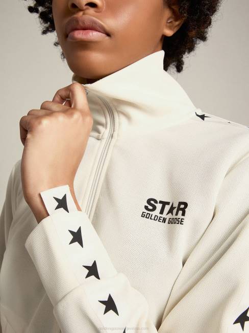 Golden Goose mujer sudadera blanca con cremallera, franja blanca y estrellas negras 6846935