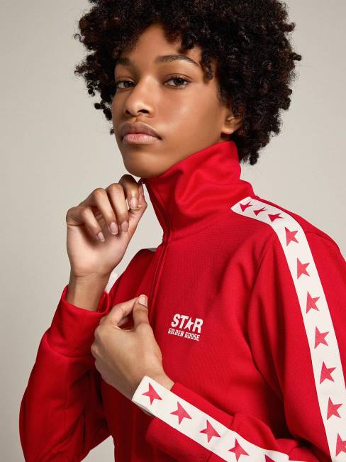 Golden Goose mujer sudadera roja con cremallera y estrellas rojas en contraste 6846954