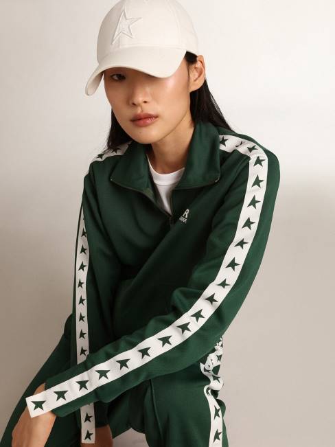 Golden Goose mujer sudadera verde con cremallera y franja blanca con estrellas a contraste 6846967