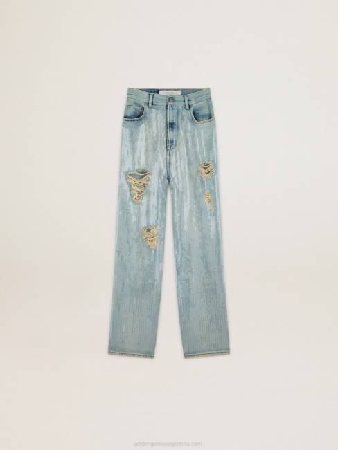 Golden Goose mujer Vaqueros de la colección Journey en denim azul claro con efecto envejecido y lentejuelas por toda la prenda 68461017