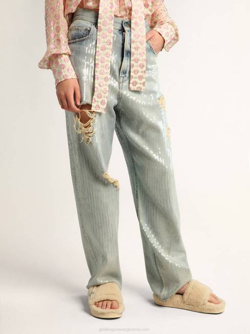 Golden Goose mujer Vaqueros de la colección Journey en denim azul claro con efecto envejecido y lentejuelas por toda la prenda 68461017
