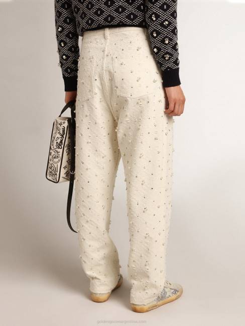 Golden Goose mujer Vaqueros kim de la colección Journey de algodón blanco roto con motivos de rombos y detalles de cuentas y cristales. 6846948