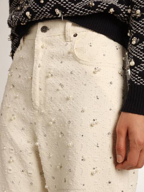 Golden Goose mujer Vaqueros kim de la colección Journey de algodón blanco roto con motivos de rombos y detalles de cuentas y cristales. 6846948