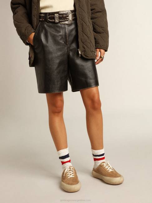 Golden Goose mujer bermudas de piel negra con efecto desgastado 6846965