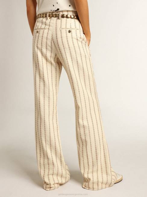 Golden Goose mujer pantalones de algodón color crema con motivo jacquard 68461048
