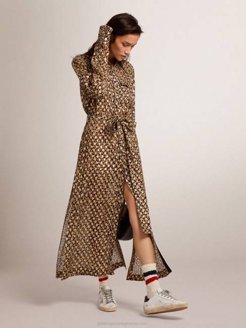 Golden Goose mujer vestido camisero con animal print y plumetis dorados 68461016