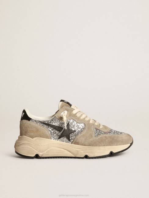 Golden Goose mujer Deportivas suela running de ante glitter plateado y gris tórtola con estrella de piel negra 684682