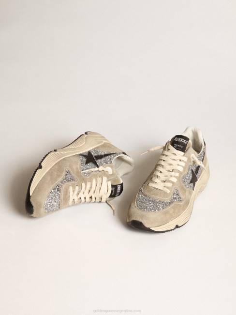 Golden Goose mujer Deportivas suela running de ante glitter plateado y gris tórtola con estrella de piel negra 684682