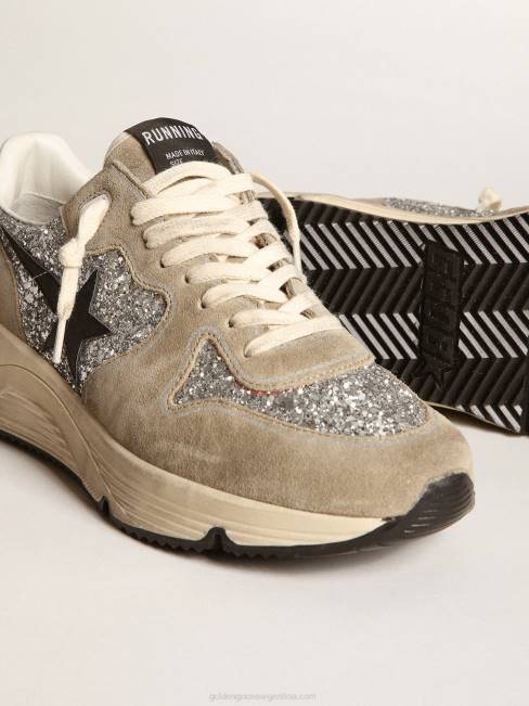 Golden Goose mujer Deportivas suela running de ante glitter plateado y gris tórtola con estrella de piel negra 684682
